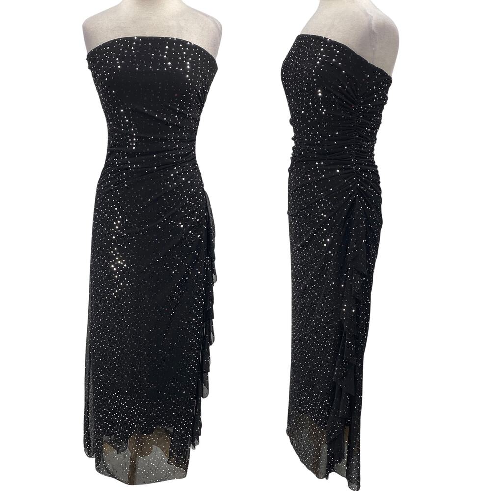 Vintage 90s Y2k City Triangles Strapless Gown Sequined Gathered Black Silver 6/8
